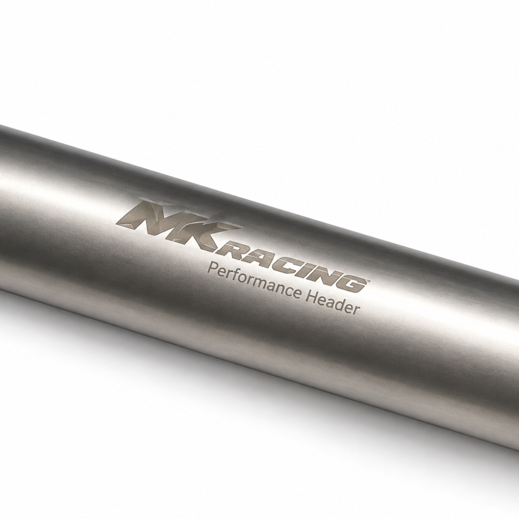 MK Racing Performance Header logo on a titanium exhaust pipe