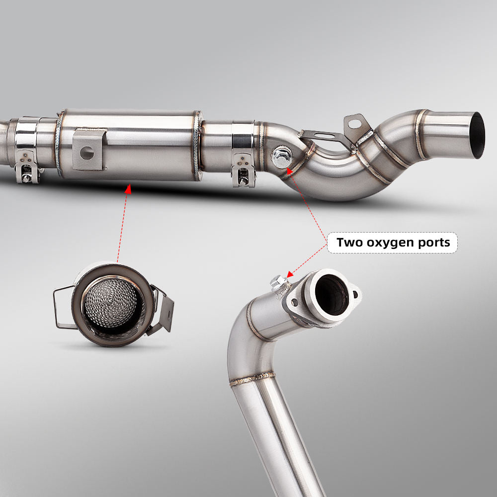 MK Racing Exhaust Header System showing stock heat shield and muffler compatibility points