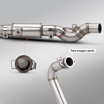 MK Racing Exhaust Header System showing stock heat shield and muffler compatibility points