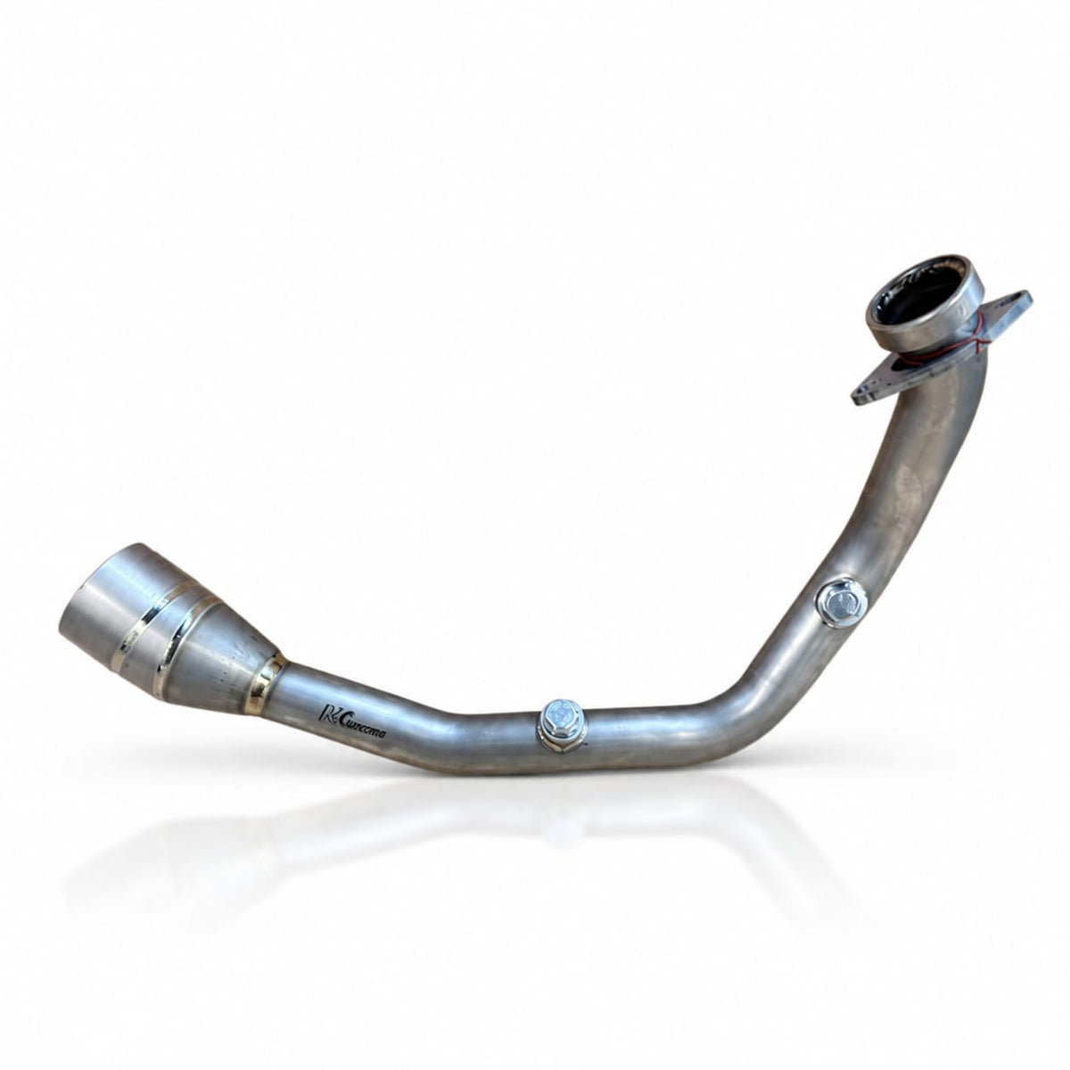 MK Racing titanium header pipe for KTM Duke Gen 3 motorcycles, featuring a curved design with a raw metal finish on a white background.