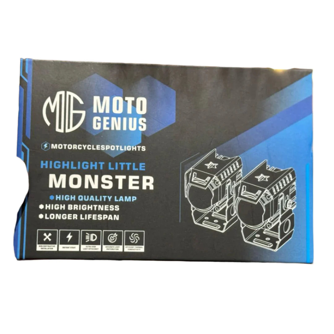Moto Genius motorcycle spotlight packaging on a white background