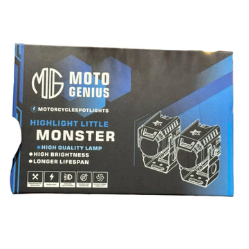 Moto Genius motorcycle spotlight packaging on a white background