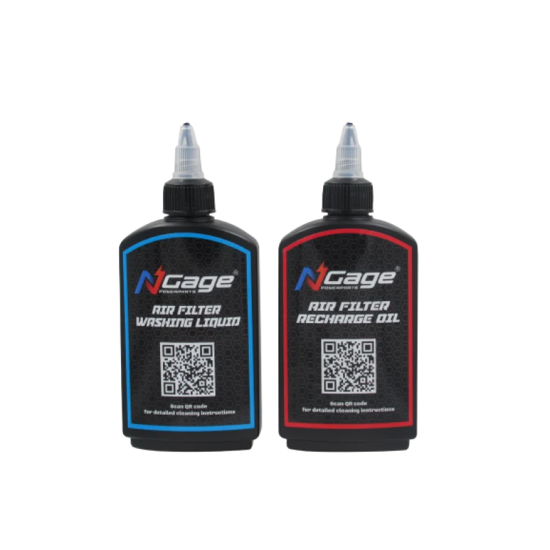 N-Gage Powerparts Air Filter Cleaning and Recharge Kit featuring Dyna Clean washing liquid and Dyna Charger recharge oil bottles.