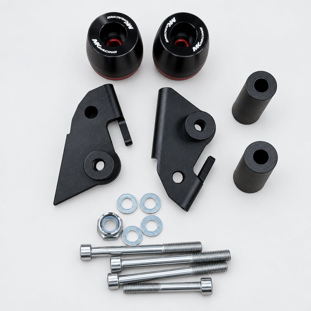 A set of motorcycle suspension components, including two black wheel assemblies with white branding, two black metal brackets, two black cylindrical bushings, five silver bolts, washers, and nuts, arranged neatly on a light gray background.