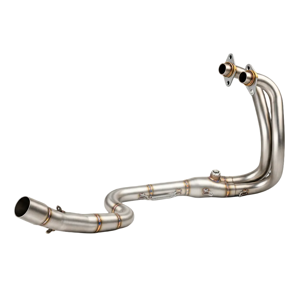 A stainless steel automotive exhaust header pipe with dual inlet tubes, curved downpipe sections, and a single outlet tip, shown on a clean white background.