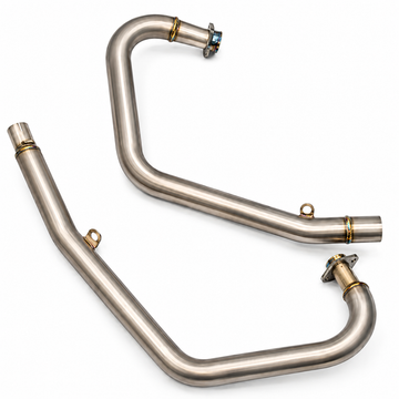 MK Racing titanium exhaust header pipes for Royal Enfield GT 650 on a white background.