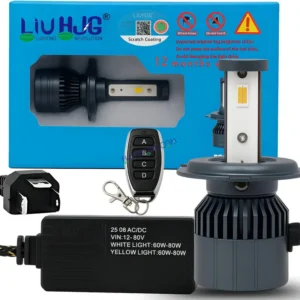 HJG M3 Remote Multi Beam 120W H4 3 in 1 3000K 4300K 6000K LED Bulb AC/DC Headlight White/Yellow/Warm White/Flash Beam 60W + 60W for Bike Car Light H4 LED with Fan Remote Hi/Lo Beam Headlight 12V/24V for Bike, Set of 1, White/Yellow/Warm White Hi/Lo