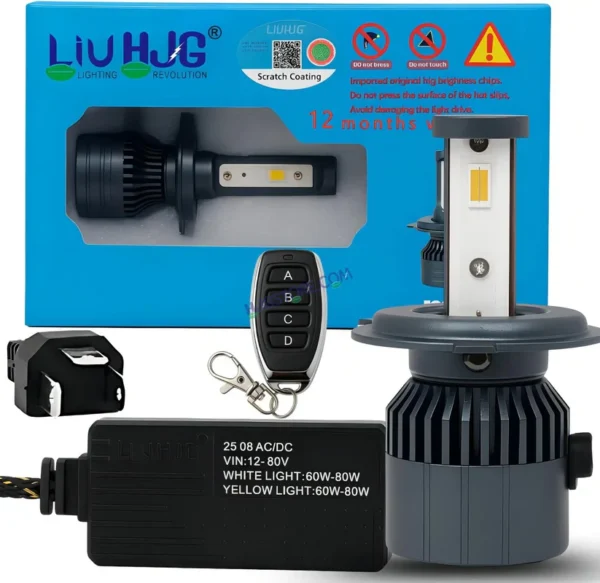 HJG M3 Remote Multi Beam 120W H4 3 in 1 3000K 4300K 6000K LED Bulb AC/DC Headlight White/Yellow/Warm White/Flash Beam 60W + 60W for Bike Car Light H4 LED with Fan Remote Hi/Lo Beam Headlight 12V/24V for Bike, Set of 1, White/Yellow/Warm White Hi/Lo
