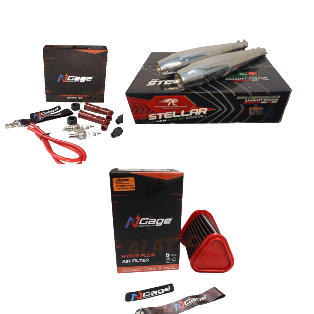 CONTINENTAL GT 650 RED ROOSTER EXHAUST +N-GAGE AIR FILTER + N-GAGE PARK PLUG KIT COMBO
