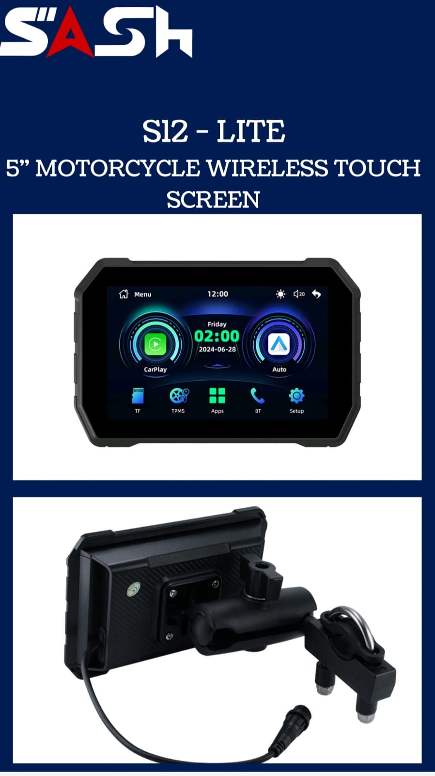 SASH S12 LITE 5" MOTORCYCLE CARPLAY WITH DETACHABLE MOUNT